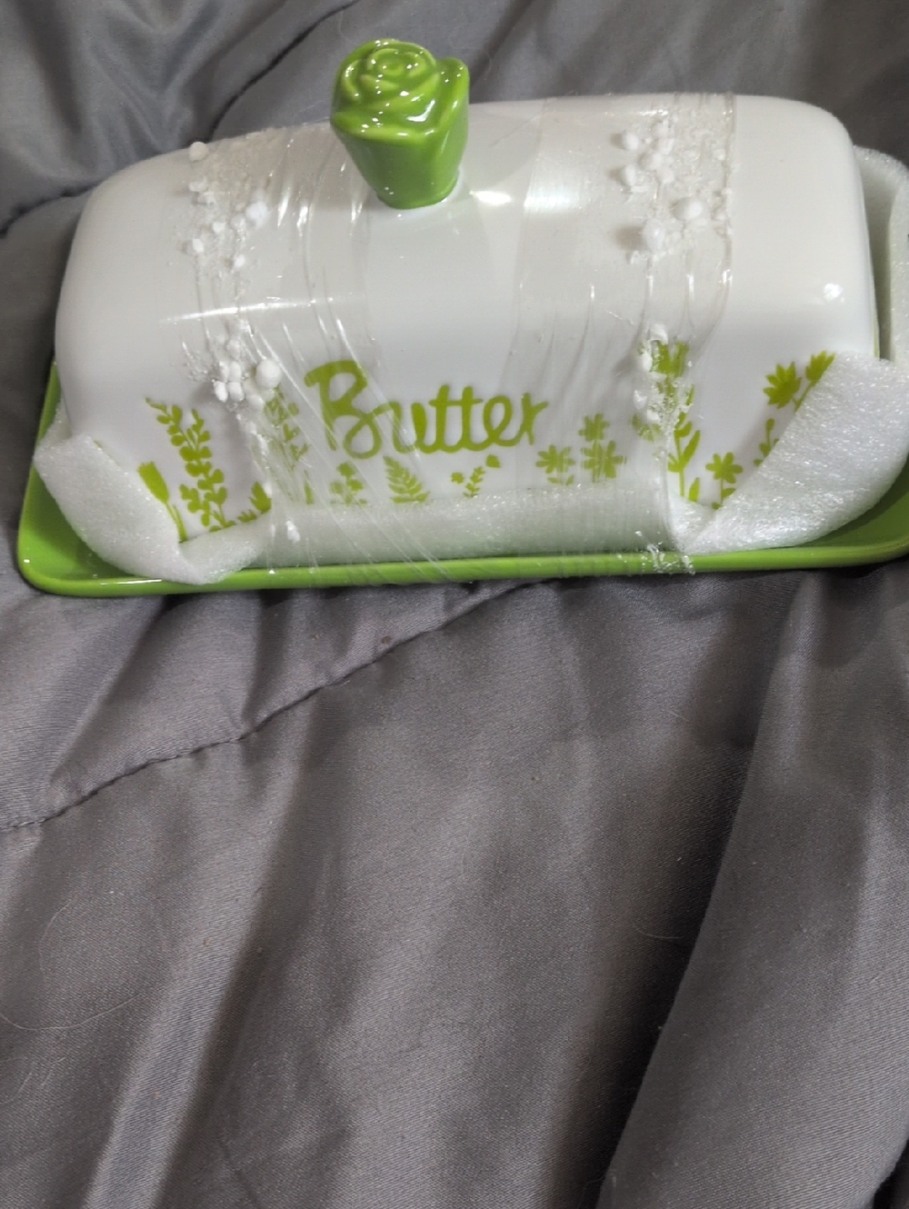 Green & White Butter Dish with Rose Knob